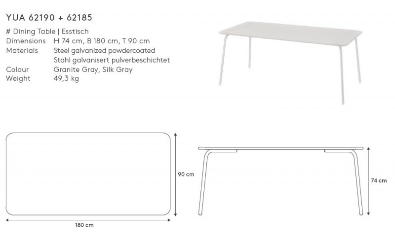 Blomus YUA Stół Ogrodowy 180 x 90 cm / Szary Granite Grey