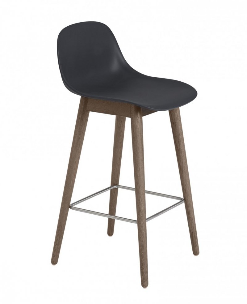 Muuto FIBER Hoker z Oparciem - Stołek Barowy 65 cm Czarny / Drewniana Rama Ciemnobrązowa