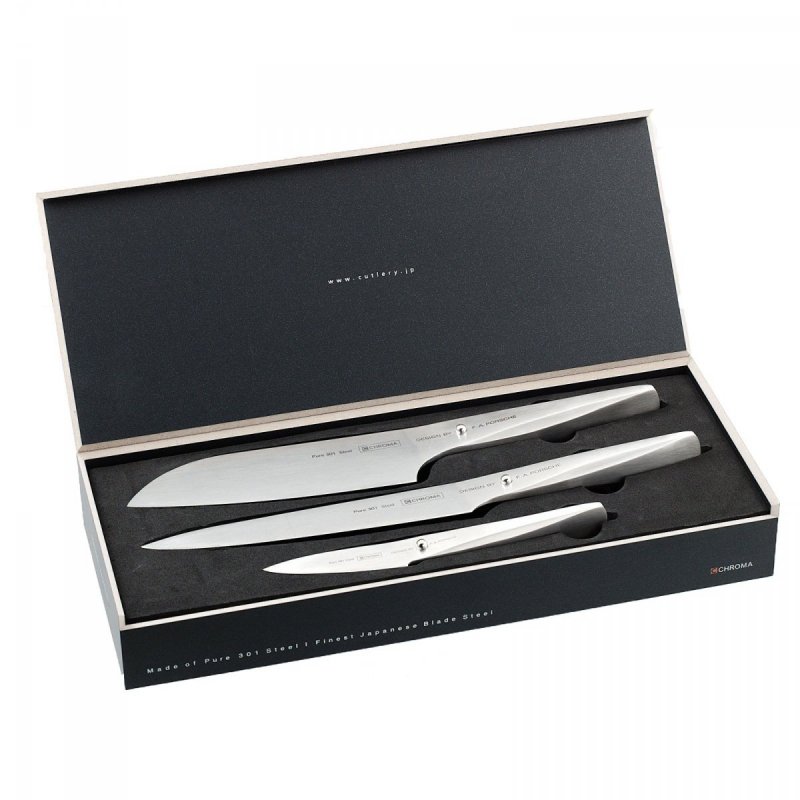 Chroma TYPE 301 HM Nóż Santoku, Nóż do Plastrowania, Nóż do Obierania - Zestaw 3 Noży