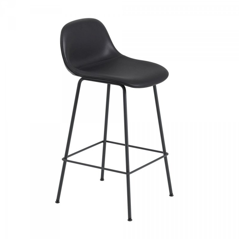 Muuto FIBER Hoker z Oparciem - Stołek Barowy 65 cm Czarny z Siedziskiem Tapicerowanym Czarną Skórą / Metalowa Rama