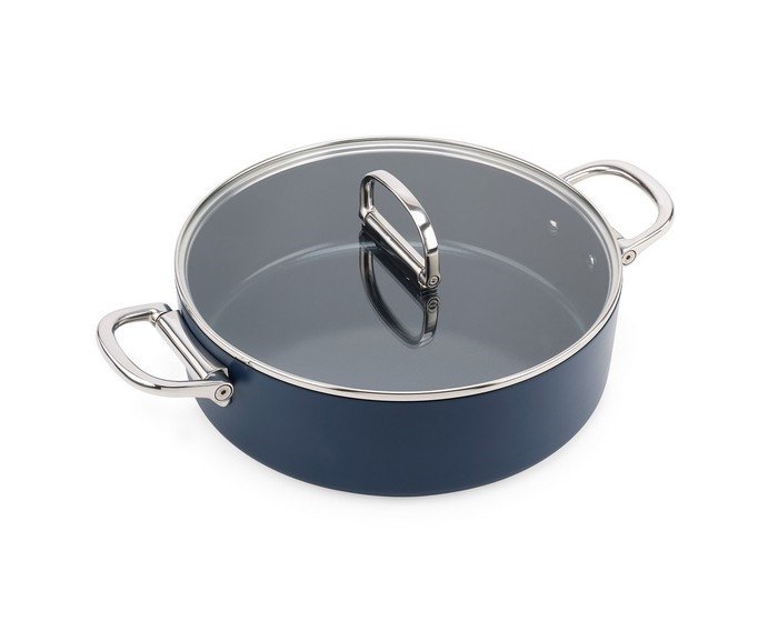 Joseph Joseph SPACE Garnek Niski ze Składanym Uchwytem i Pokrywką 28 cm / Granatowy