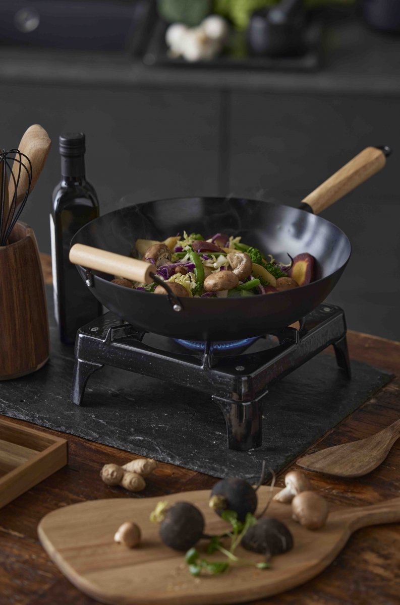 Holm KITCHEN Wok Stalowy z Powłoką Nieprzywierającą 32,5 cm Czarny / Drewniany Uchwyt