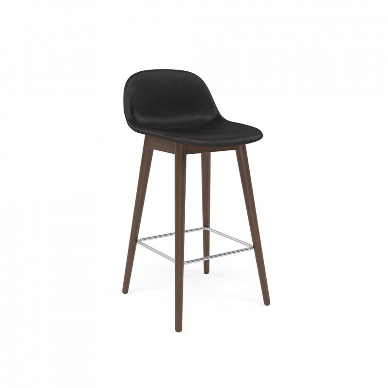 Muuto FIBER Hoker z Oparciem - Stołek Barowy 65 cm Ciemnobrązowy / Siedzisko Tapicerowane Czarna Skóra