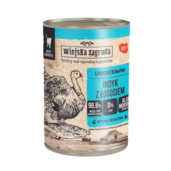 Karma mokra dla kota Wiejska Zagroda Indyk z łososiem 400g