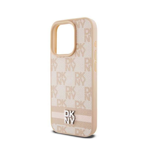 DKNY Leather Checkered Mono Pattern & Printed Stripes - Etui iPhone 15 Pro Max (różowy)
