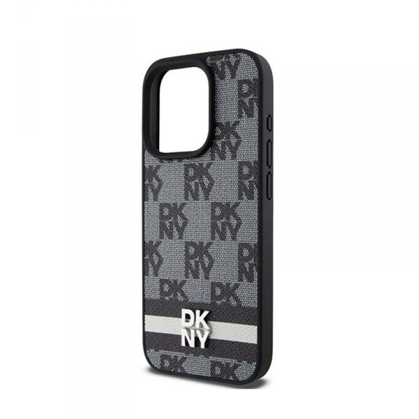 DKNY Leather Checkered Mono Pattern & Printed Stripes - Etui iPhone 15 Pro (czarny)