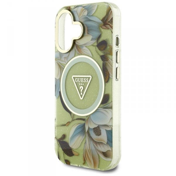 Guess Glitter Flowers Triangle Buttons MagSafe - Etui do iPhone 16 zielony