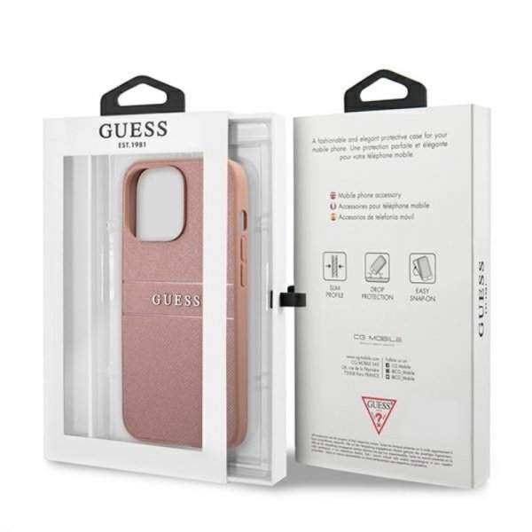 Guess Saffiano Metal Logo Stripes - Etui iPhone 13 Pro Max (różowy)