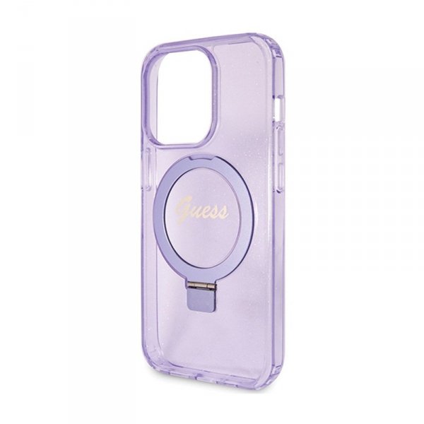 Guess Ring Stand Script Glitter MagSafe - Etui iPhone 15 Pro (fioletowy)