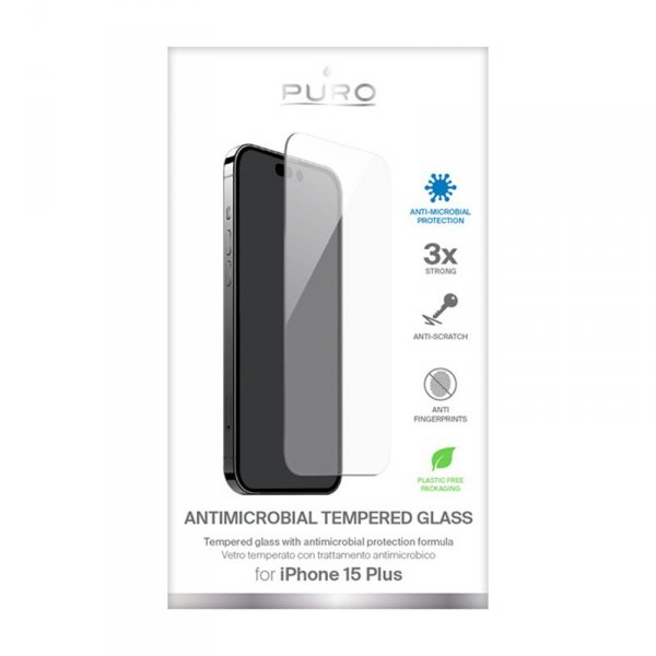 PURO Anti-Bacterial Tempered Glass - Szkło ochronne hartowane z ochroną antybakteryjną iPhone 15 Plus