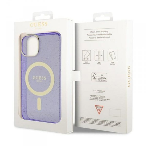 Guess Glitter Gold MagSafe - Etui iPhone 14 (Purpurowy)