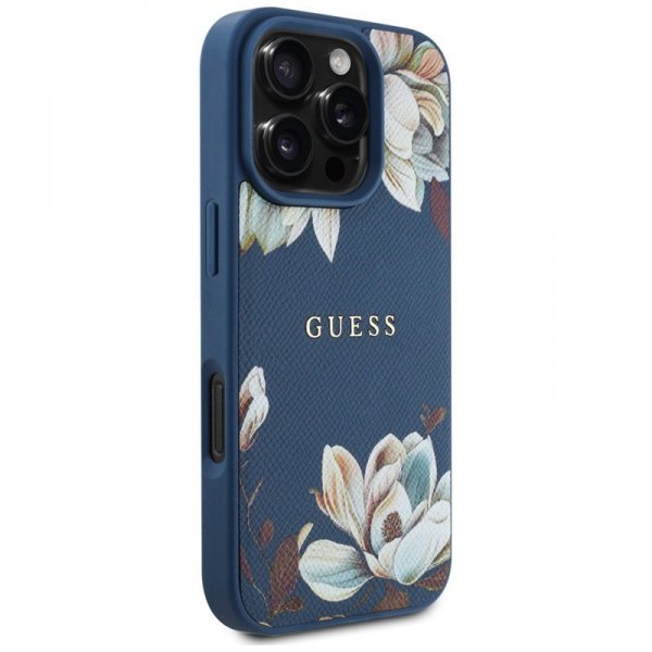 Guess Grained Printed Flower Pattern MagSafe - Etui do iPhone 16 Pro Max (niebieski)