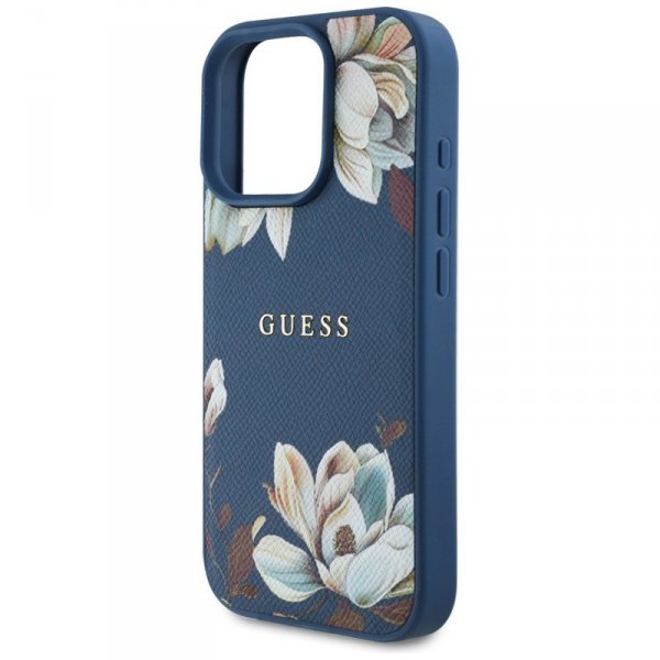 Guess Grained Printed Flower Pattern MagSafe - Etui do iPhone 16 Pro Max (niebieski)