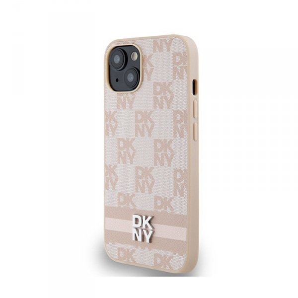 DKNY Leather Checkered Mono Pattern & Printed Stripes - Etui iPhone 15 Plus / 14 Plus (różowy)