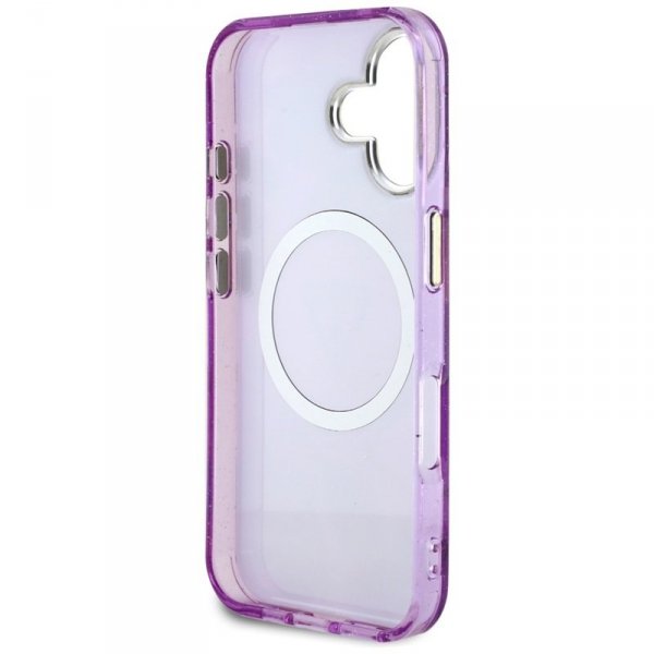Guess Glitter Flowers Triangle Buttons MagSafe - Etui do iPhone 16 (fioletowy)