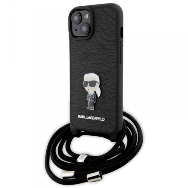Karl Lagerfeld Crossbody Saffiano Monogram Ikonik Metal Pin - Etui iPhone 15 (czarny)