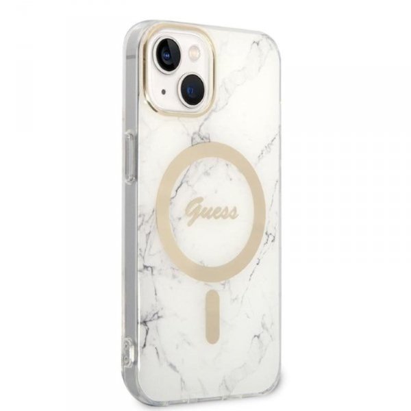 Guess Bundle Pack MagSafe IML Marble - Zestaw etui + ładowarka MagSafe iPhone 14 Plus (biały/złoty)