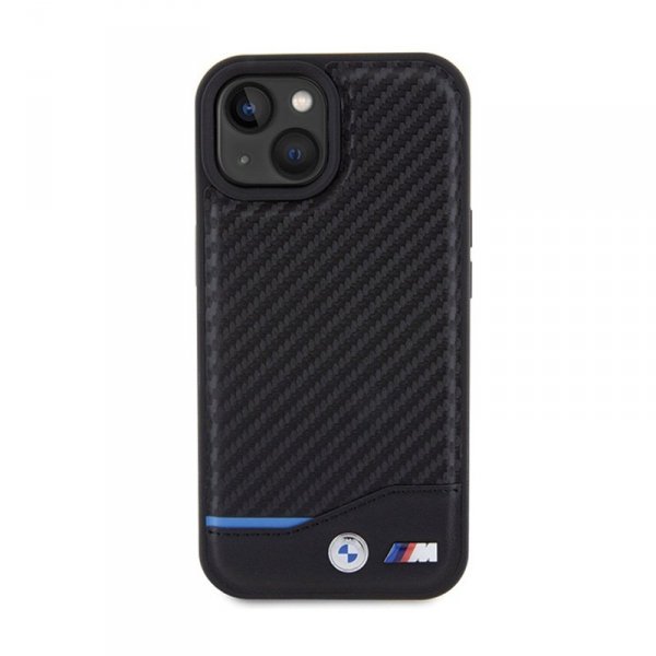 BMW Leather Carbon Blue Line - Etui iPhone 15 (czarny)