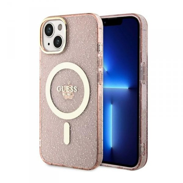 Guess Glitter Gold MagSafe - Etui iPhone 14 Plus (Różowy)