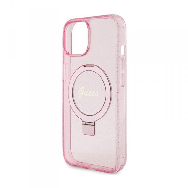 Guess Ring Stand Script Glitter MagSafe - Etui iPhone 15 Plus (różowy)