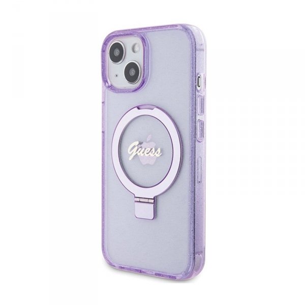 Guess Ring Stand Script Glitter MagSafe - Etui iPhone 15 Plus (fioletowy)