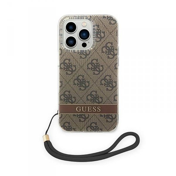 Guess 4G Print Cord - Etui ze smyczką iPhone 14 Pro (brązowy)