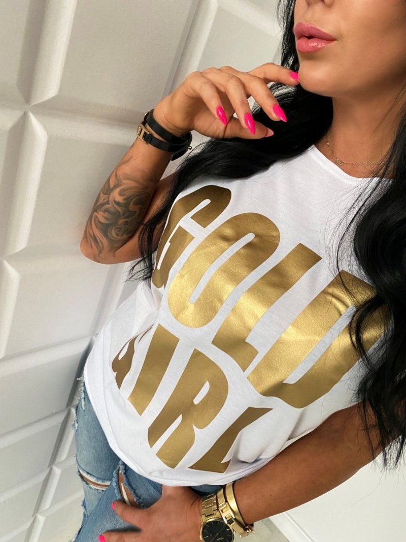Wyprzedaż M SZARY T-shirt ze złotym nadrukiem GOLD GIRL L-106