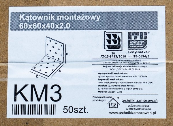 50x Kątownik ciesielski 60x60x40 2mm łącznik KM3