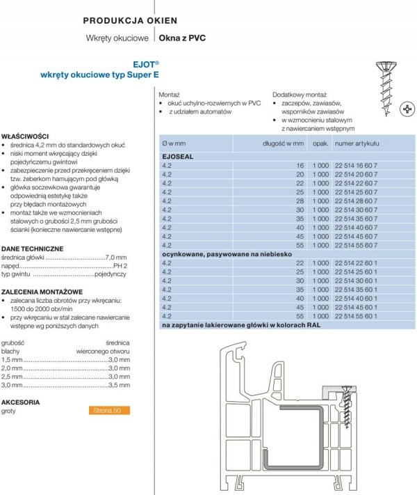 Wkręt okuciowy srebrny EJOT Super-E 4,2x45 1000szt