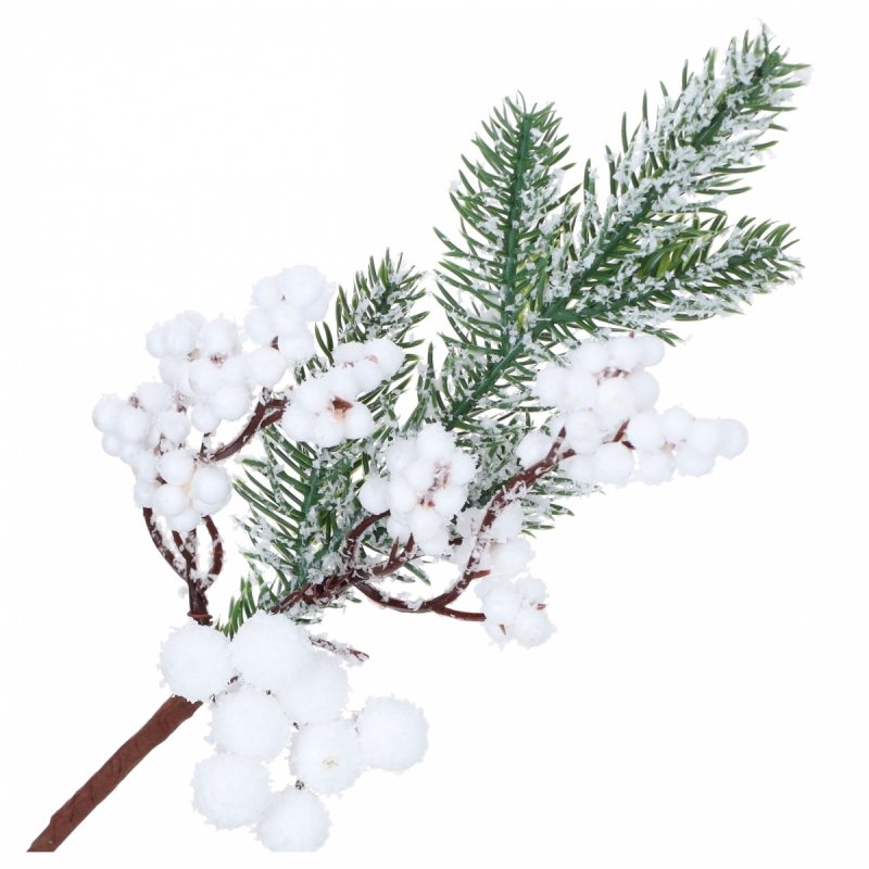 Gałązka Świerk/Białe Kulki 34cm KR1797 [50szt]