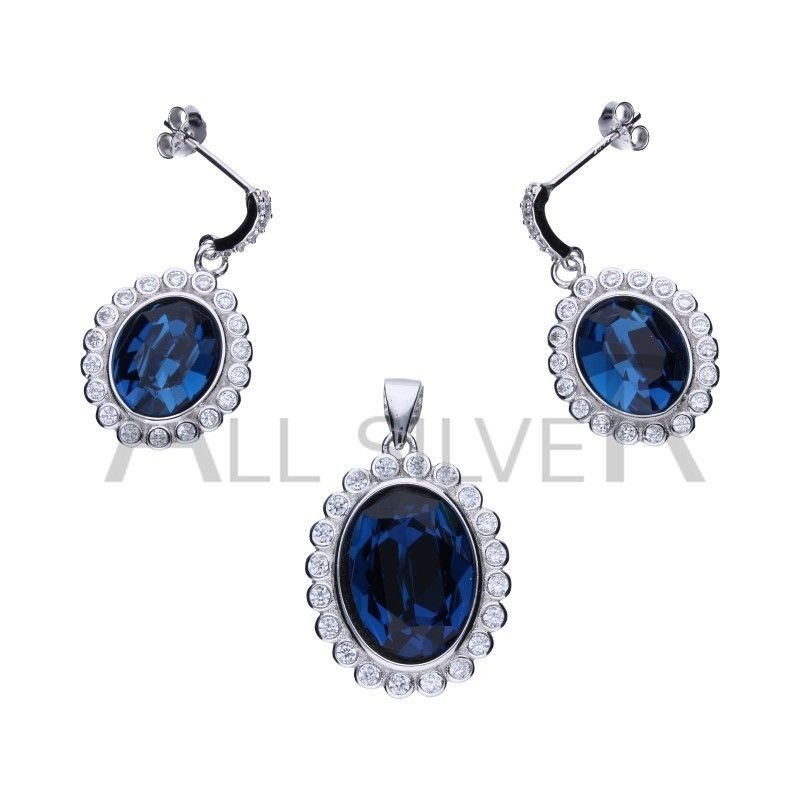 KOMPLET SREBRNY 925 NIEBIESKA CYRKONIA KOLCZYKI ZAWIESZKA 