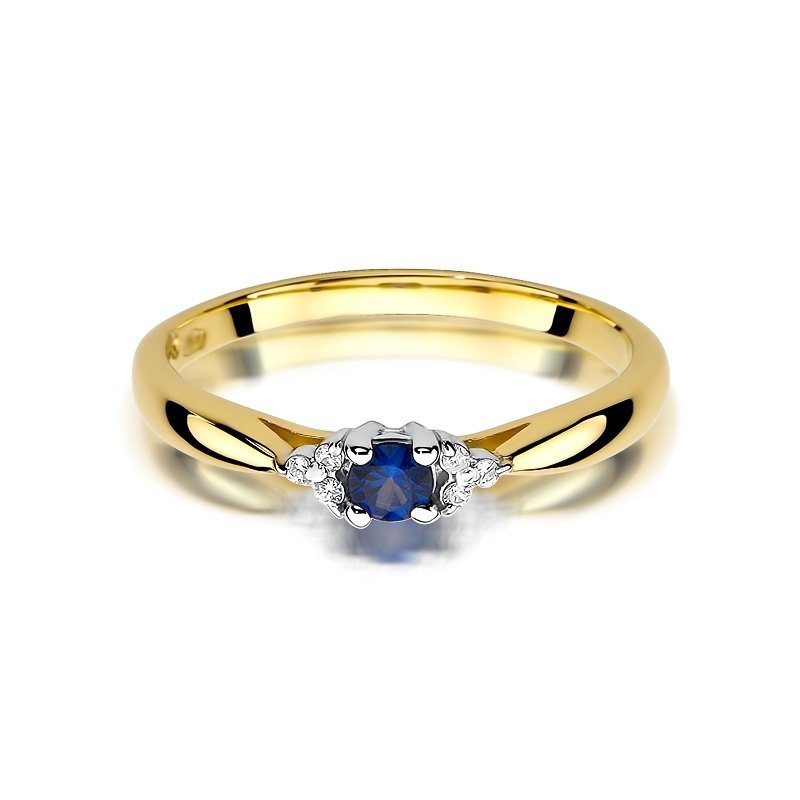 Pierścionek złoty 585 z brylantami 0,03ct szafirem 0,15ct W-428