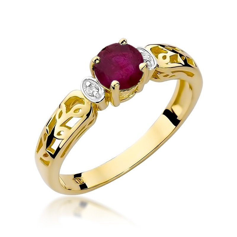 Pierścionek złoty 585 z brylantami 0,02ct rubinem 0,60ct W-14