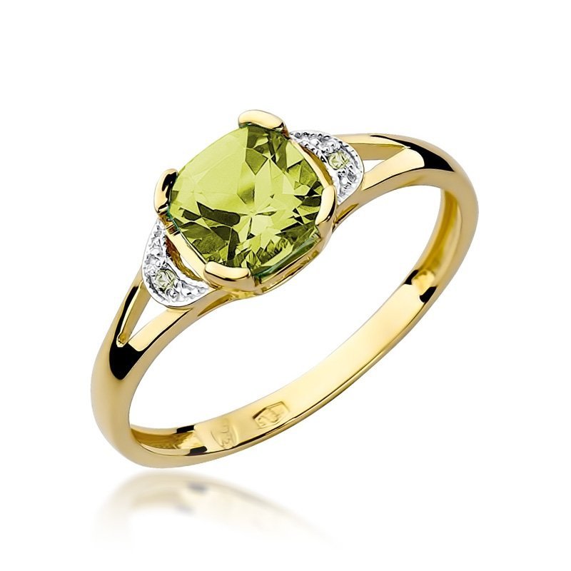 Pierścionek złoty 585 z brylantami 0,01ct oliwinem 1,00ct W-40