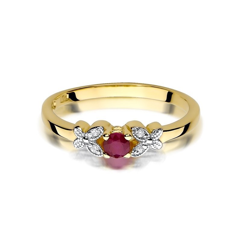 Pierścionek złoty 585 z brylantami 0,02ct rubinem 0,15ct W-414