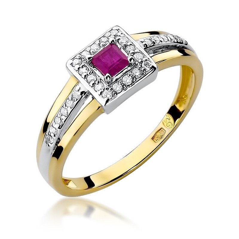 Pierścionek złoty 585 z brylantami 0,14ct rubinem 0,20ct W-271