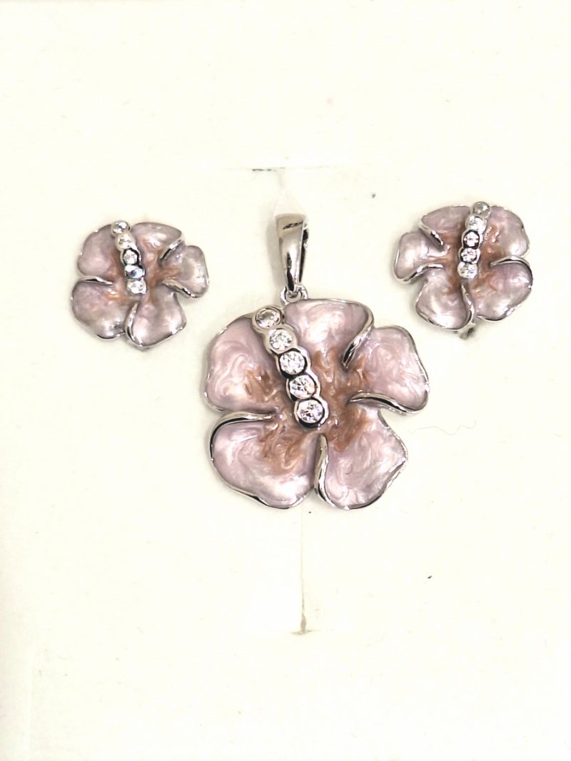 KOMPLET ZAWIESZKA i KOLCZYKI SREBRO 925 KWIAT EMALIA