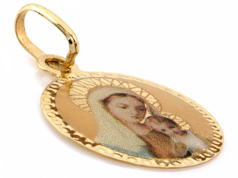 Medalik złoty 585 Matka Boska chrzest komunia kolorowy