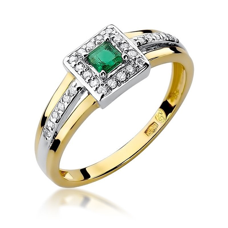 Pierścionek złoty 585 z brylantami 0,14ct szmaragdem 0,15ct W-271