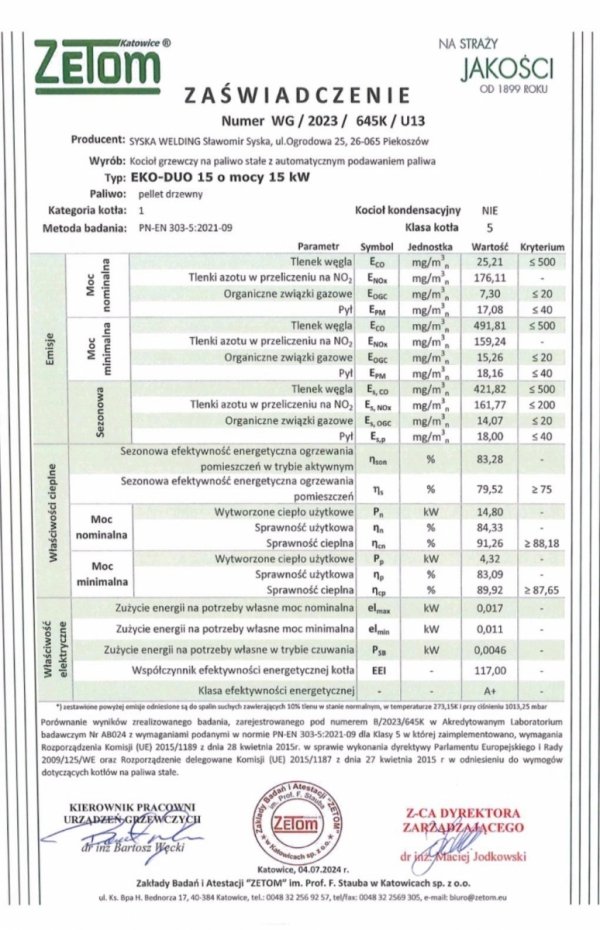 Kocioł na pellet z podajnikiem SYSKA EKO DUO 20 kW Piec lista EPREL