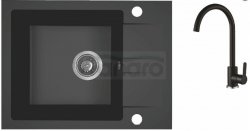 AQUAFORM - zlewozmywak granitowy MARANELLO 440 X 570 X 215 - 1 komora z 1/2 ociekacza, CZARNY MONO + syfon oszczędzający miejsce z korkiem automatycznym  AQ.901-101 + bateria stojąca z wylewką U  AQ.901-1019502