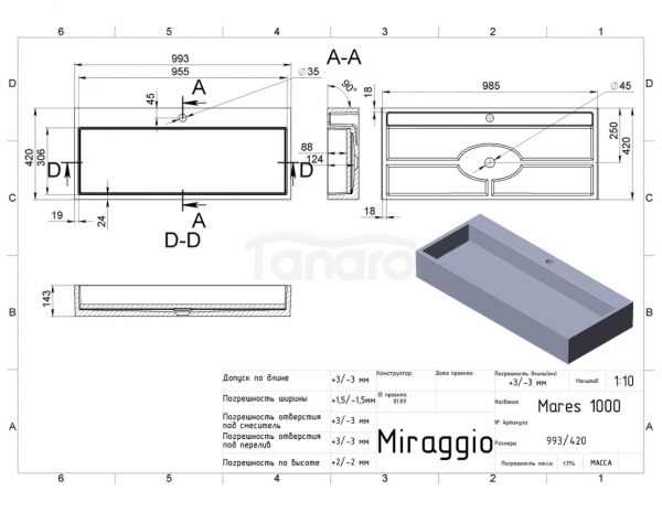 MIRAGGIO Umywalka nablatowa MARES biała matowa 100cm 0000770