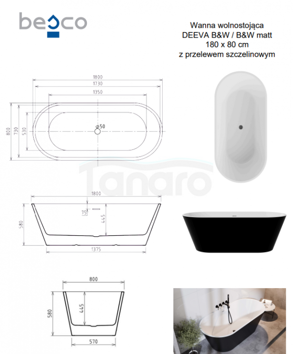 BESCO Wanna wolnostojąca Deeva Matt B&amp;W 180x80 + syfon chrom #WWA-180DMBC
