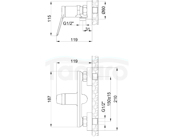 INVENA Bateria natryskowa z zestawem natryskowym Alonia złoto szczotkowane BN-70-009-V