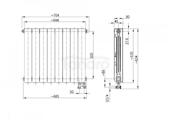 ARMATURA KRAKÓW KFA Grzejnik aluminiowy ADR500/D/8 z dolnym prawym zasilaniem kątowym 763-081-44