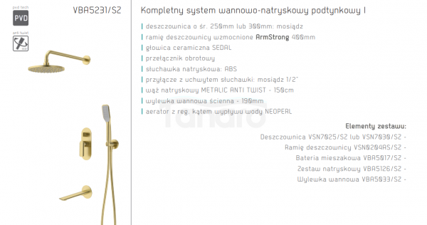 VEDO System wannowo-natr. podtynkowy deszczownica 300mm I ALETTA SPAZZO złoto szczotkowane/ Nr KAT: VBA5231/SZ