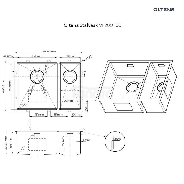 Oltens Stalvask zlewozmywak stalowy 1,5-komorowy 58x44 cm stal polerowana 71200100