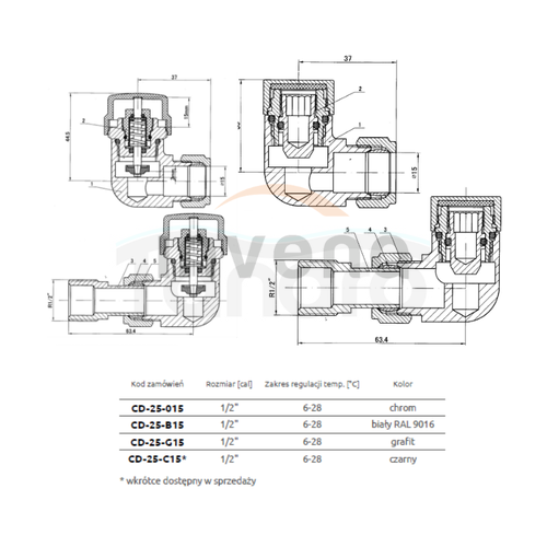 INVENA - Komplet termostatyczny osiowy GRAFIT STRUKTURALNY  CD-25-G15
