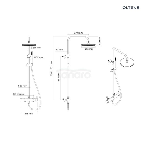 Oltens Molle zestaw prysznicowy ścienny z deszczownicą czarny mat 36504300