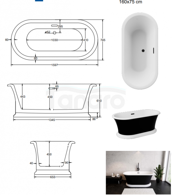 BESCO Wanna wolnostojąca Ziva B&amp;W 160x75 + klik-klak z przelewem szczelinowym gun metal #WWA160ZBSGR